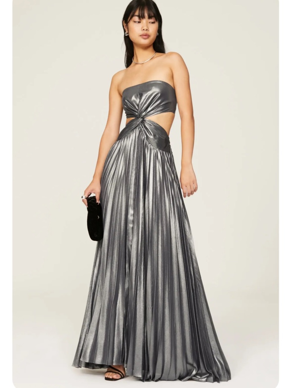 Ramy Brook Destiny Gown Metallic Silver Strapless Twist Low Back Maxi Dress